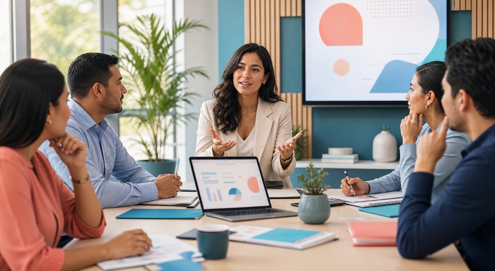 Equipo corporativo practicando inglés para juntas, reportes y negociación