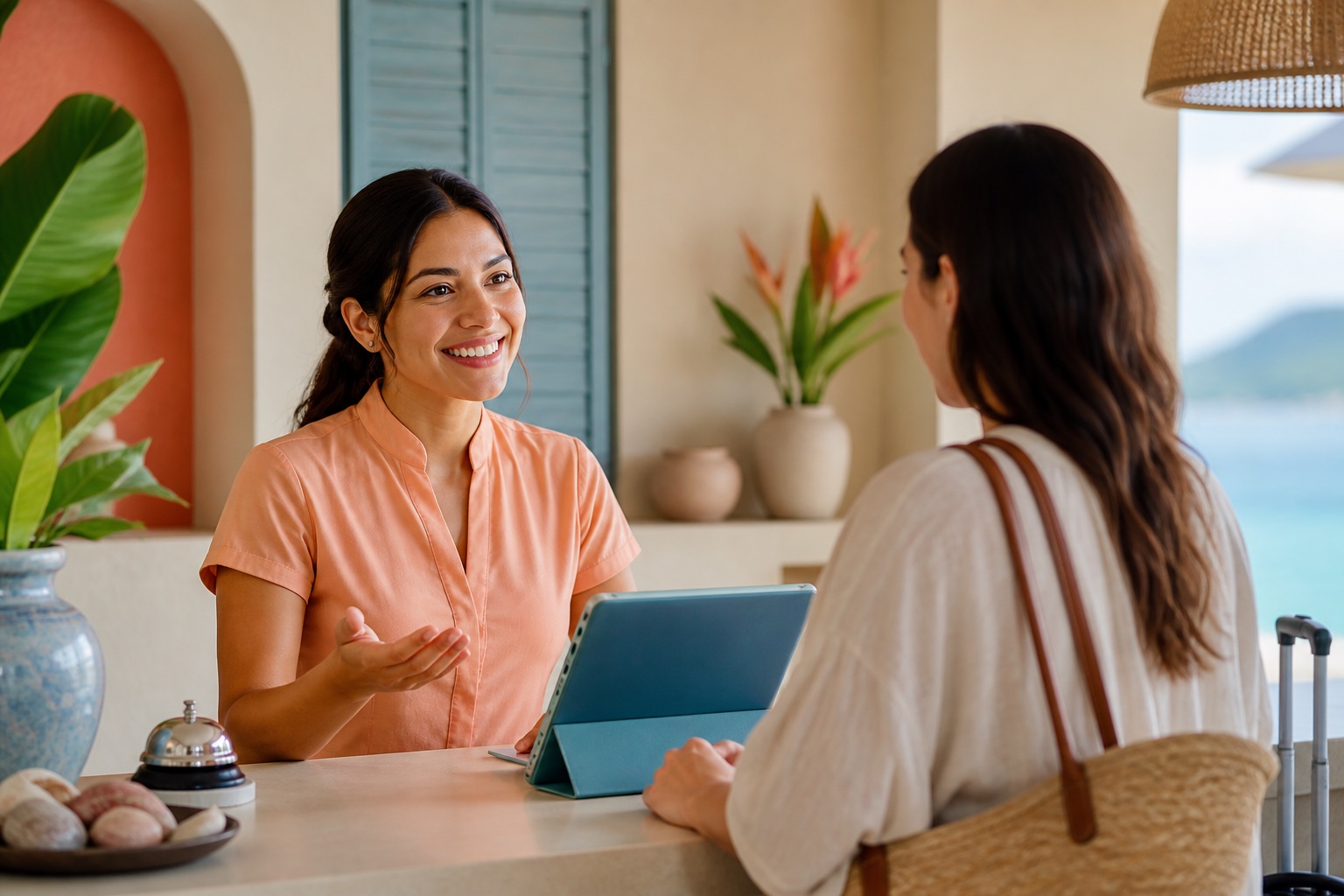 Profesional de hospitalidad atendiendo a una huésped en inglés