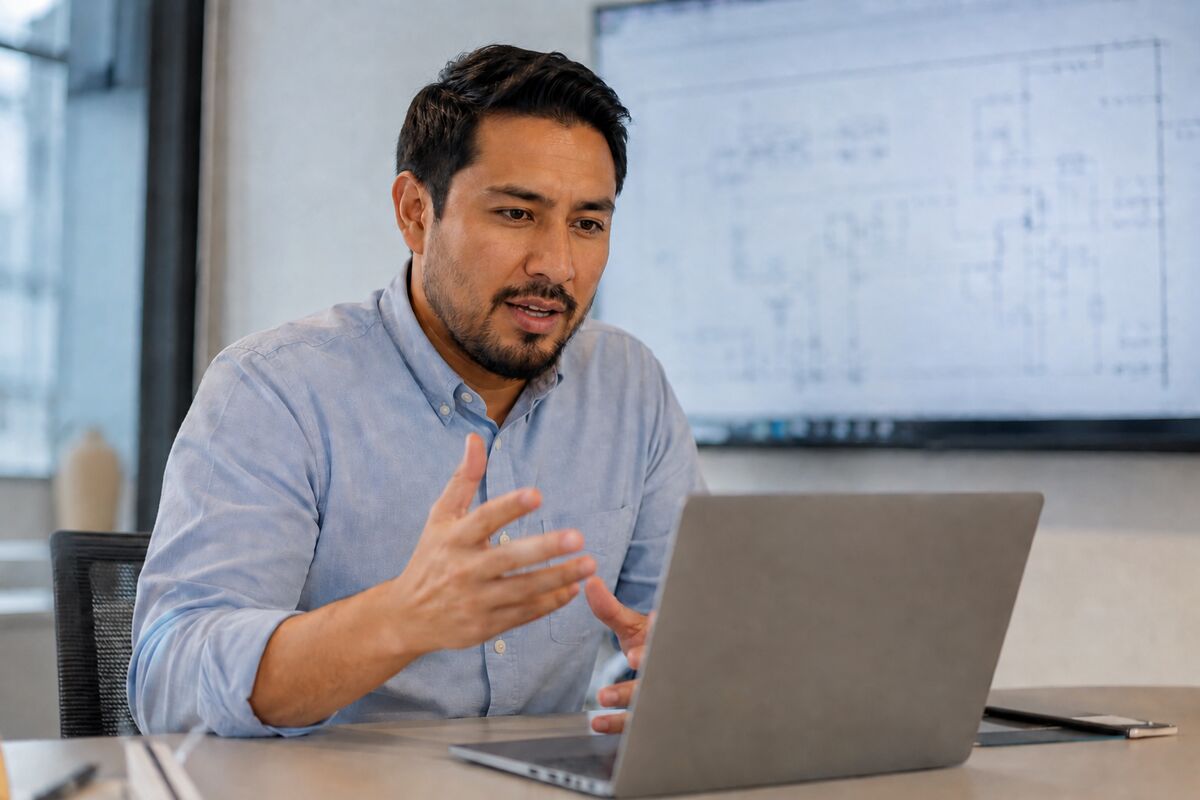 Ingeniero en una reunión de trabajo en inglés