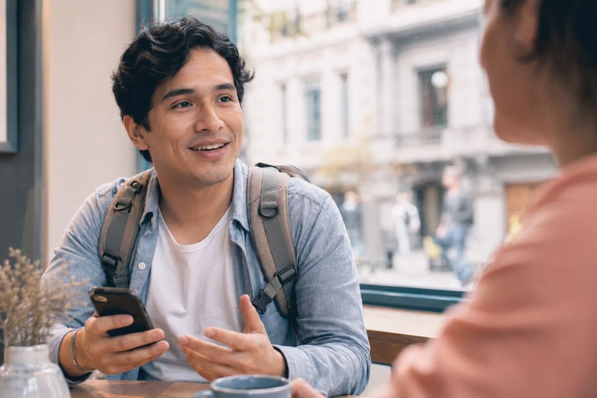 Viajero conversando en inglés en el extranjero